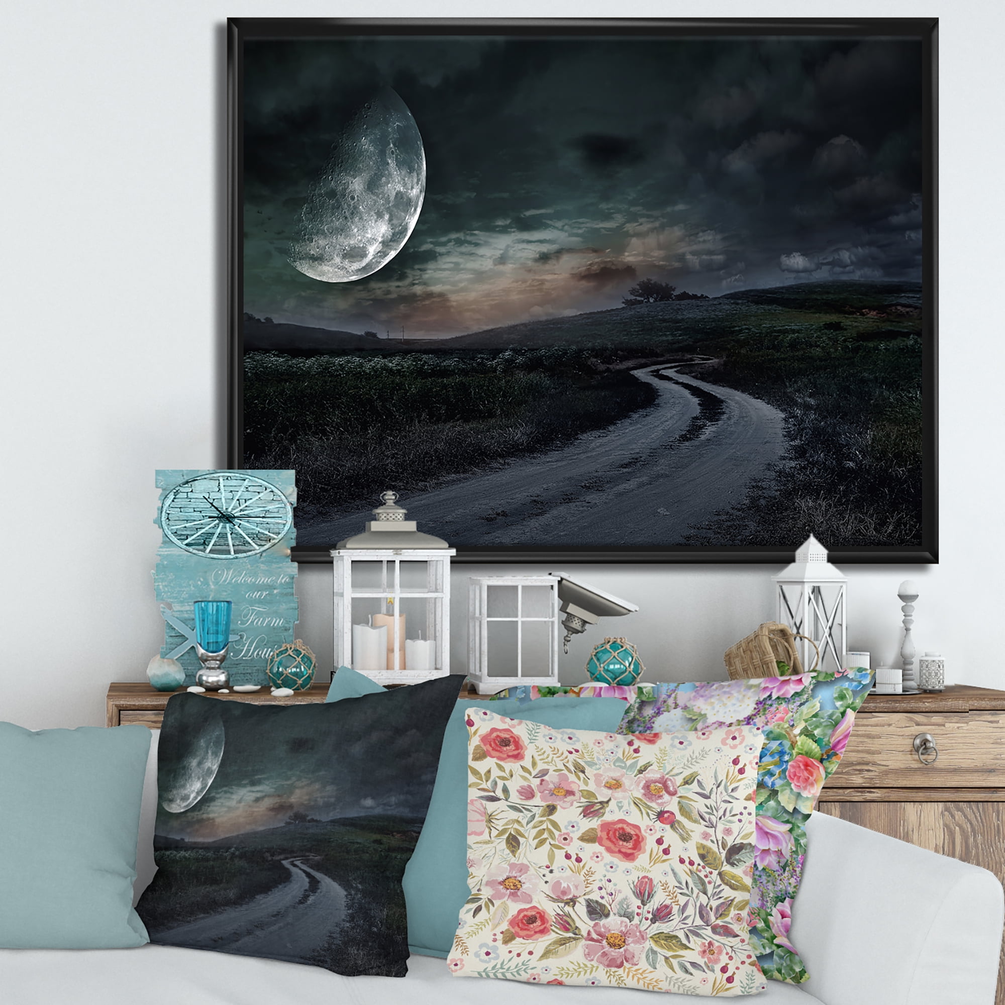 Designart 'The Meadow Under Full Moon With Rural Road Through ' Nautical & Coastal Framed Canvas Wall Art Print