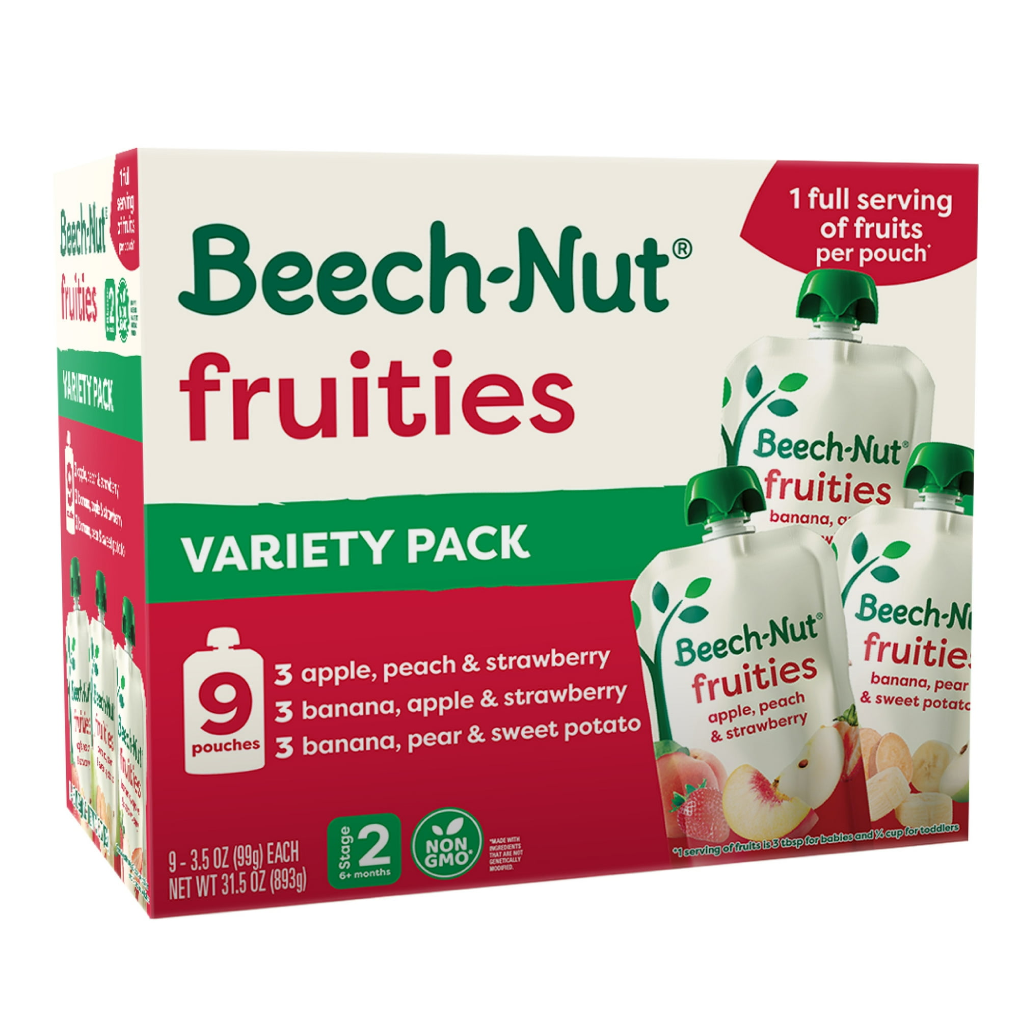 Beech-Nut Fruities Stage 2 Baby Food Pouch Variety Pack, Fruit & Vegetable Puree Pouches, 3.5 oz Pouch (9 Pack)