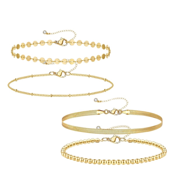Juego de pulseras de cadena con cuentas de oro para mujer, chapado en oro real de 18 quilates, pulsera de eslabones de cadena de oro fino y delicado, pulseras de oro ajustables, joyería para mujeres