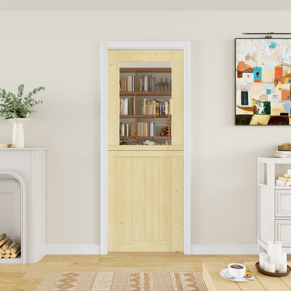 30" x 80" Qucik Assemble Jamb, Not Prehung, 1-Lite Split Dutch Door Unfinished Solid Pine Wood Clear Glass Slab Doors Half Interior Door