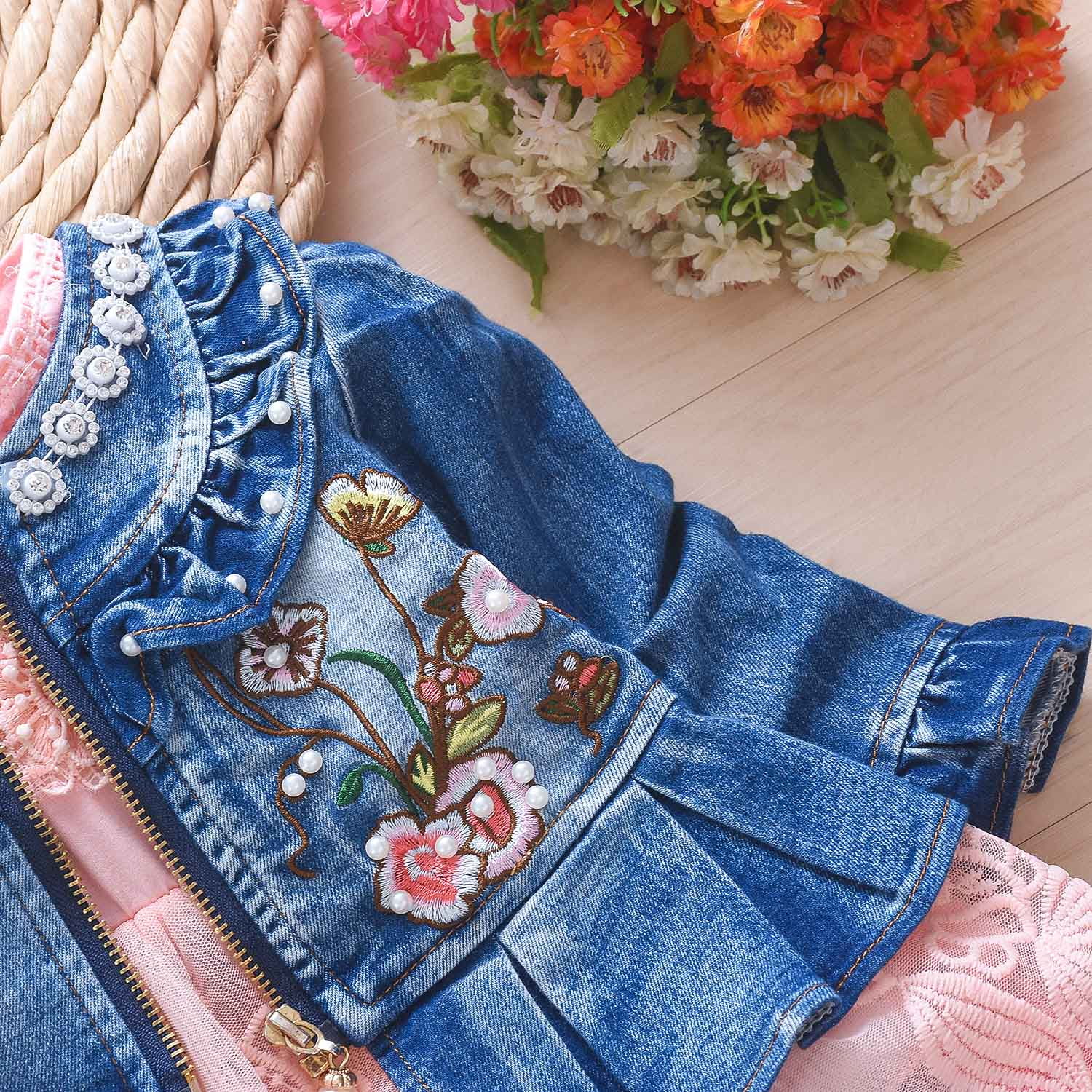 Peacolate 6M-4Years Spring Autumn Baby Girls Sets Denim 3 Pcs Clothes Long Sleeve T-Shirt Denim Jacket and Jeans,Pink,3-4years