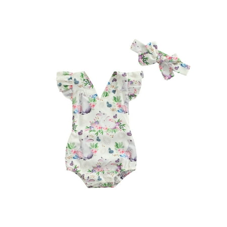 

Kids Toddler Baby Girls Easter 2-Piece Outfits Sleeveless Egg Print Romper Bodysuit With Matching Bow Headband