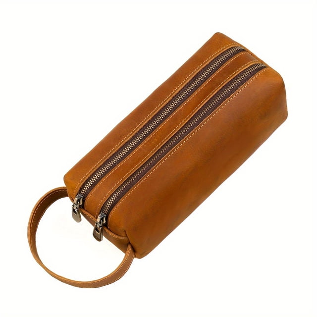 QJUHUNG Sac à Main Rétro Classique pour Hommes en Cuir Véritable de Cheval Fou, Sac de Rangement à Double Fermeture Éclair pour Stylo, Rasoir, Brosse, Sac Poignet en Cuir de Vache Pleine Fleur