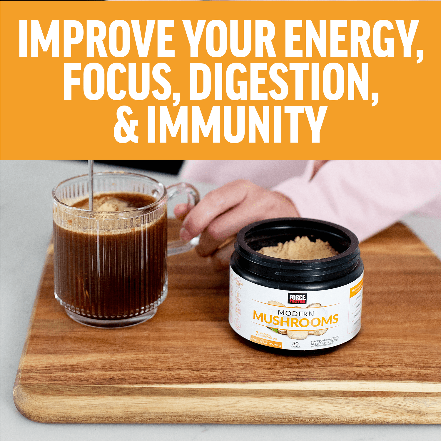 (3 pack) Force Factor Modern Mushrooms, Mushroom Supplement with Lion’s Mane, Cordyceps & Reishi for Energy, Focus, Immune Health, Unflavored, 30 Servings