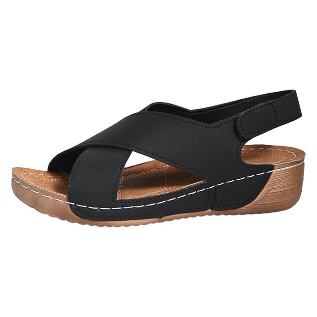 Bmisegm Sandales pour Femmes d'Été Rétro Unies en Cuir à Talon Compensé Épais à Semelle Épaisse Grande Pointure Sandales pour Femmes d'Été Noir 8
