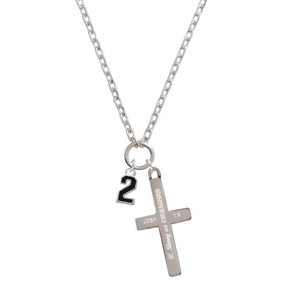 Delight Jewelry Silvertone Black Number - 2 Be Strong and Courageous Engraved Cross Zoey Necklace, 28"