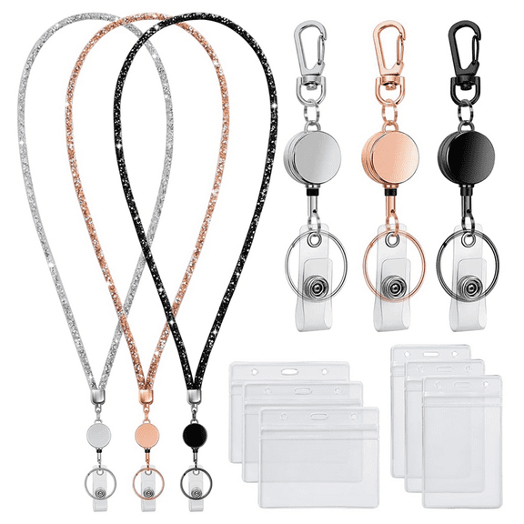 Lanyards for Id Badges 9 in 3 Set Bling Badge Lanyard with Holder Retractable Crystal Teacher