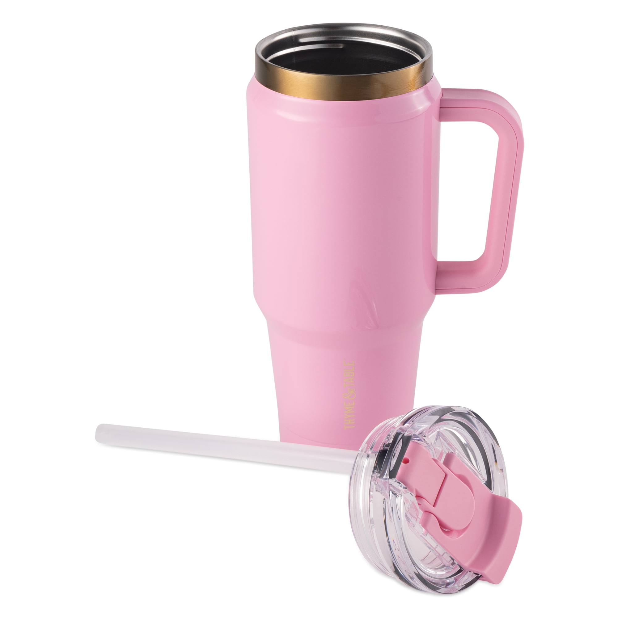 Thyme & Table Luna 32 fl oz Stainless Steel Tumbler with Handle and Dual Straw Lid, Pink