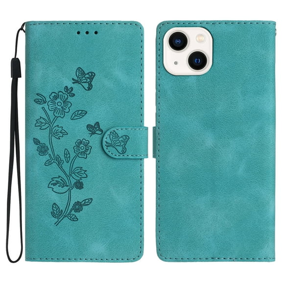 SaniMore Wallet Case for iPhone 14 6.1" 2022, PU Leather Embossed Flower Shockproof [Card Slots + Cash Pocket + Removeable Wrist Strap] Kickstand Full Protective Business Shell, Blue