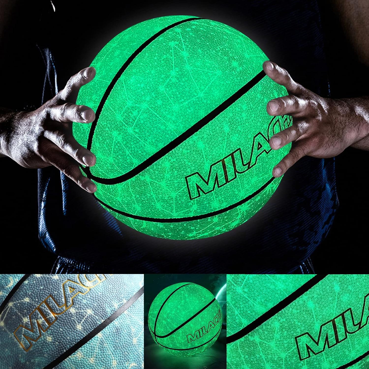 VEZLOP Basketball, Glow in the Dark Basketball, Glowing Composite Leather Luminous Basketball Gift for Youth, Men, Women, Indoor-Outdoor Night Basketball Size 7(29.5") / 6(28.5") / 5 (27.5") with Pump