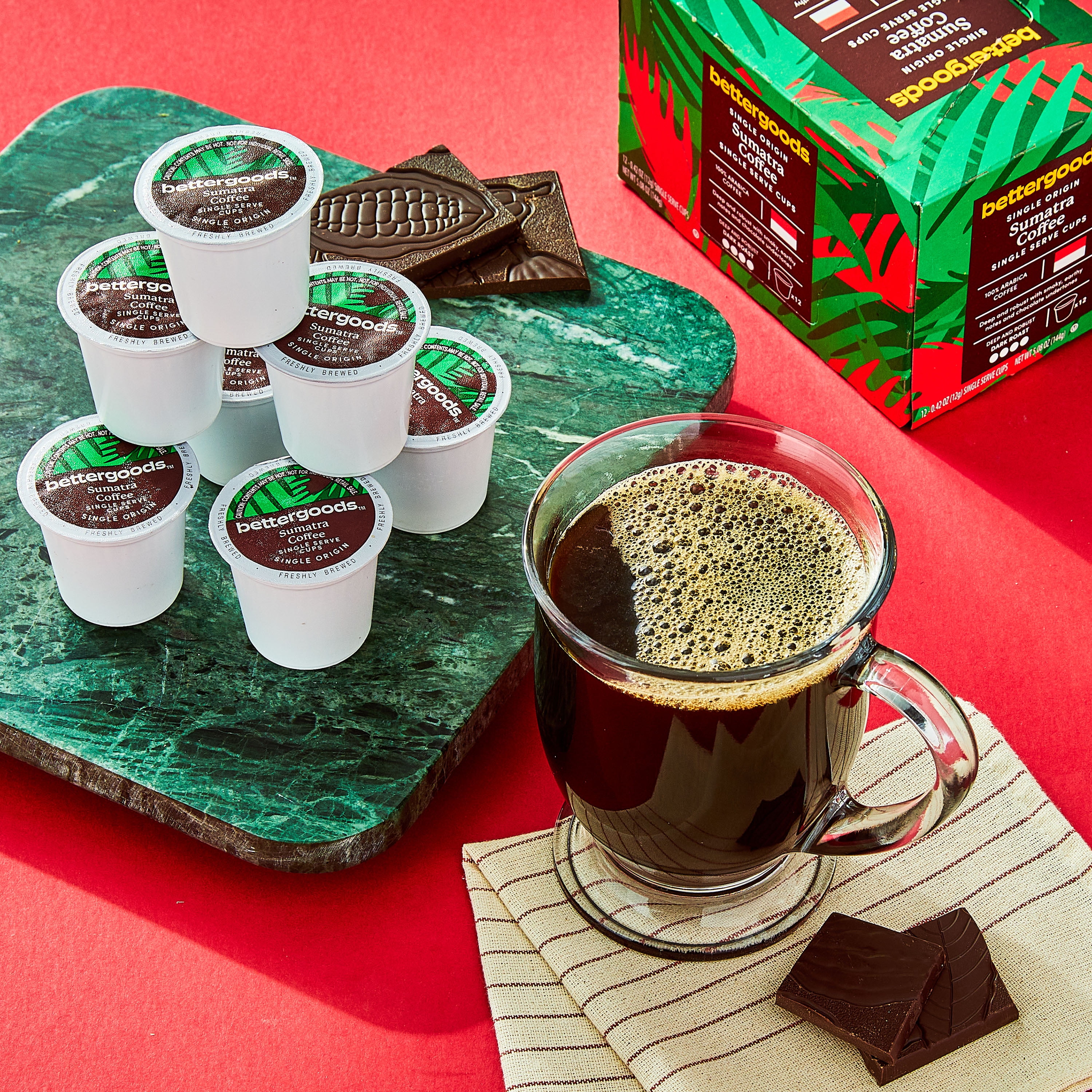 bettergoods Single Origin Sumatra Coffee, Dark Roast, Single Serve Cups, 0.42 oz, 12 Count