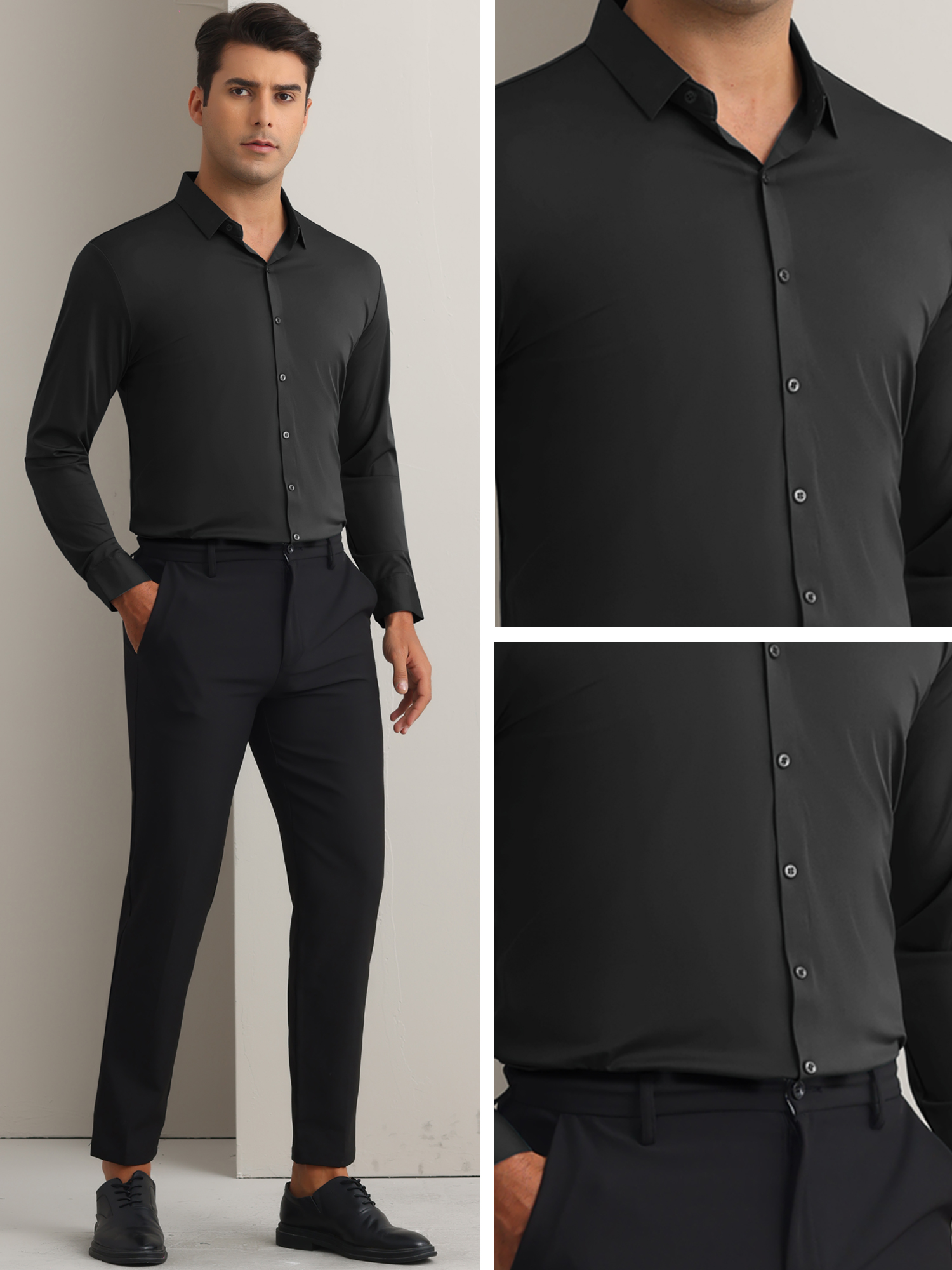 DARING DIVA Men's Soft Long Sleeve Button Down Business Formal Dress Shirt L Black