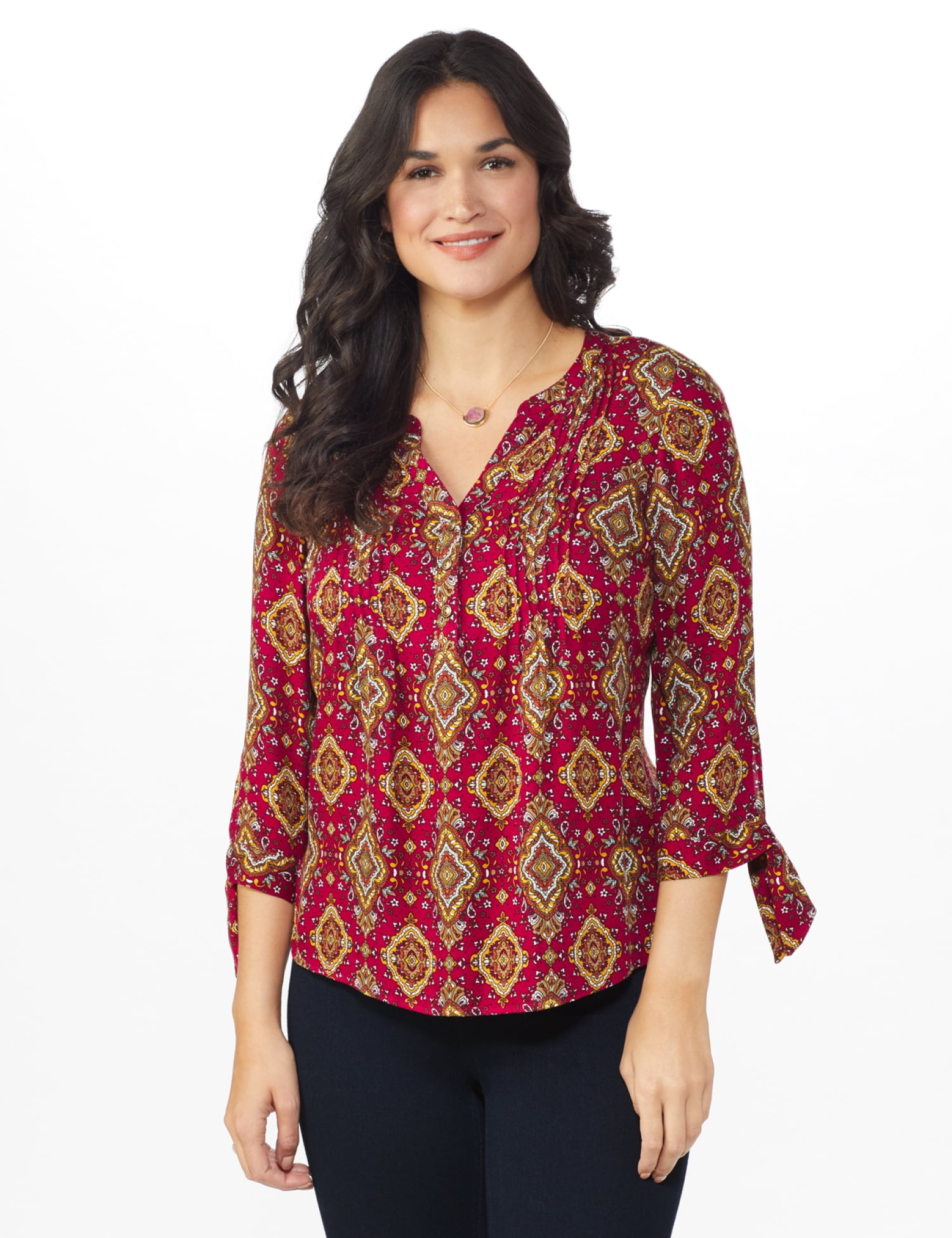 DressBarn Women s Red Black Gold Westport Medallion Woven Pintuck