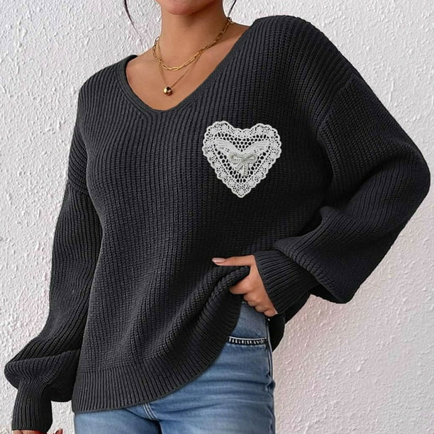 Heisall Women's Sweaters Autumn Winter Casual Loose Pullover V-Neck Lace Bow Knot Appliqué Tops