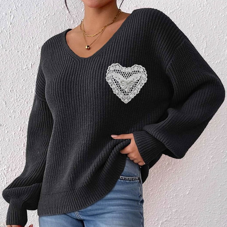 TFEOQRY Women's Lace Heart Patch Sweater V Neck Lantern Sleeve