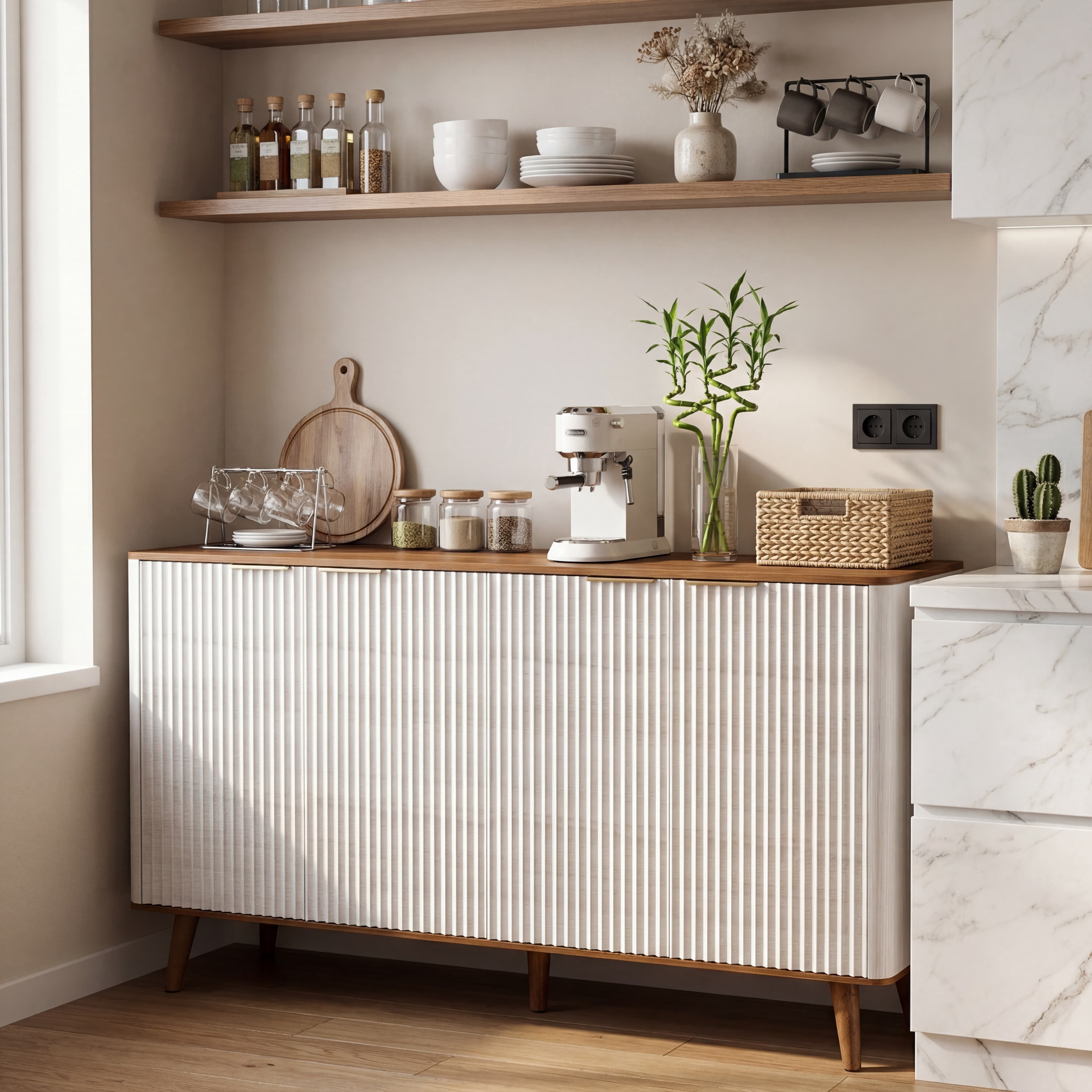 TrumanPick Fluted Sideboard Buffet Cabinet with Adjustable Shelves, Mid-Century Modern 4-Door Credenza for Dining Room Kitchen Living Room, Beige&Walnut 47.5" W x 16" D x 34" H