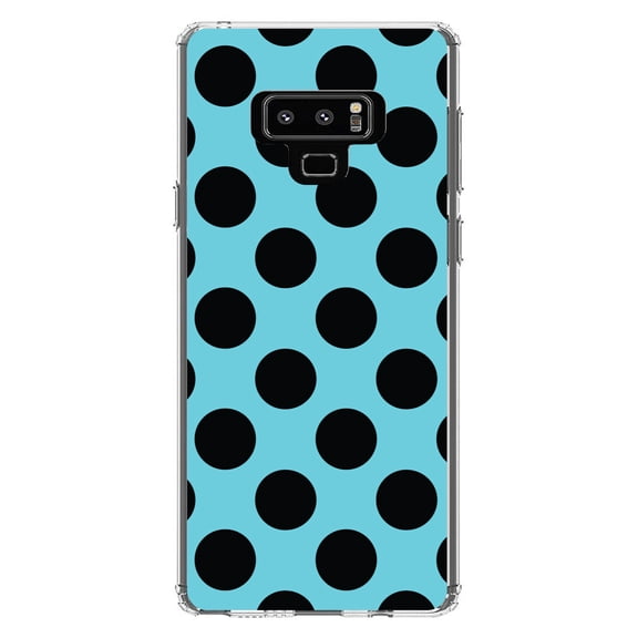 DistinctInk Clear Shockproof Hybrid Case for Samsung Galaxy Note 9 - TPU Bumper, Acrylic Back, Tempered Glass Screen Protector - Black & Blue Polka Dots