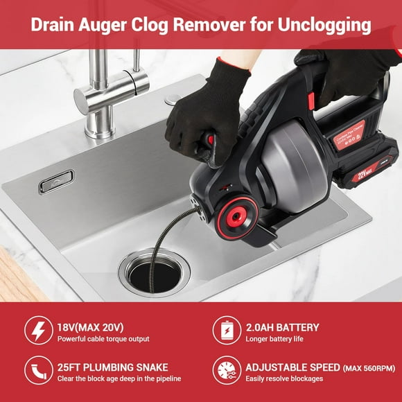 EDTara Electric Drain Auger 25FT, Heavy Duty 3 in 1 Plumbing Snake for Stubborn Toilet, Sink Sewer Clogs, Professional Pipe Cleaner Tool Batteries Included