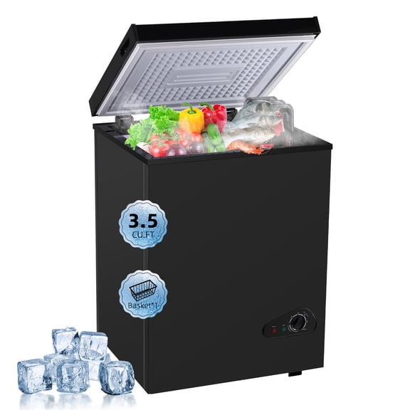 Deep Freezer 3.5 Cu.Ft Chest Freezer with Removable Basket Small Freezer with 6 Levels Adjustable Temperature Quiet Mini Freezer for Home Kitchen Office Garage Bar Black