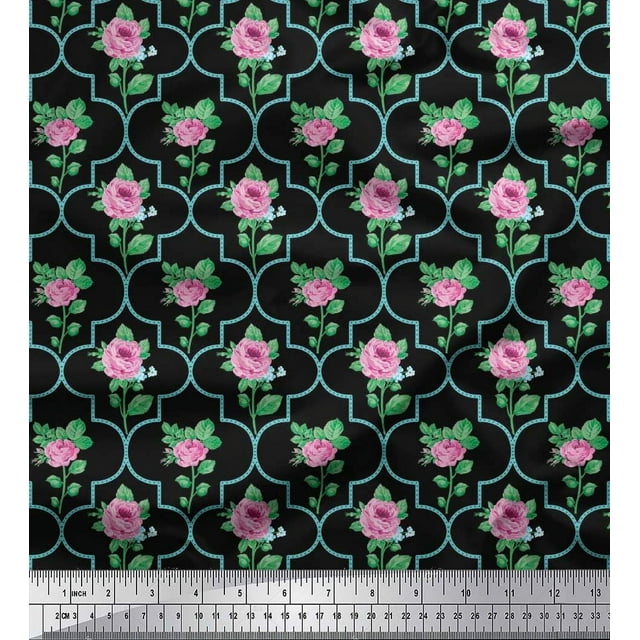 Soimoi Tissu en Viscose Chiffon Design Quatrefoil, Feuilles & Roses Imprimé Floral 1 Yard 42 Pouces de Large