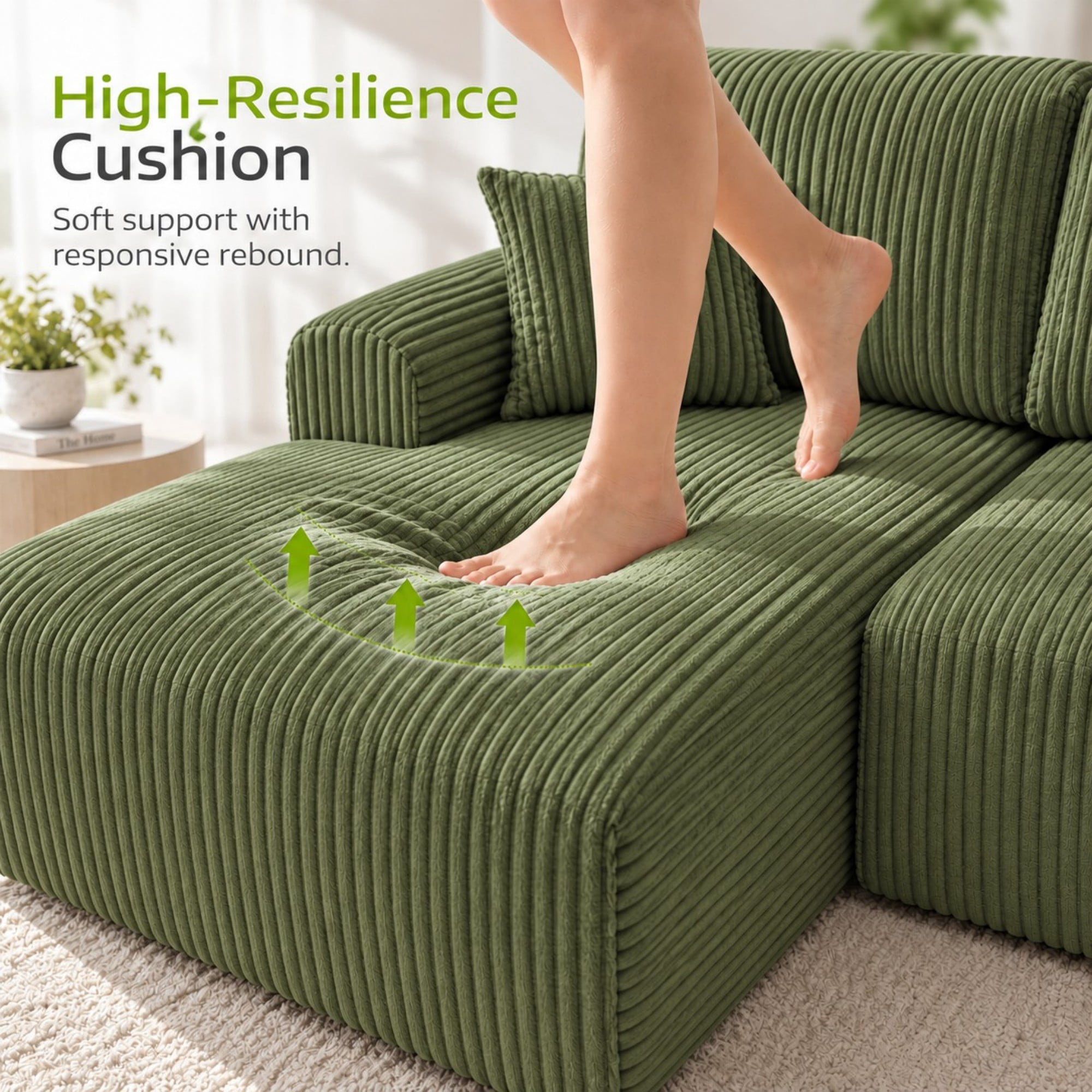DEALTOPS 109" Corduroy L-Shape Floor Cloud Couch, Deep Seat Modular Sectional Sofa, Left Chaise, Green