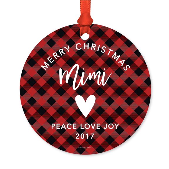 Family Metal Christmas Ornament, Merry Christmas Mimi 2017, Red Plaid, Includes Ribbon and Gift Bag