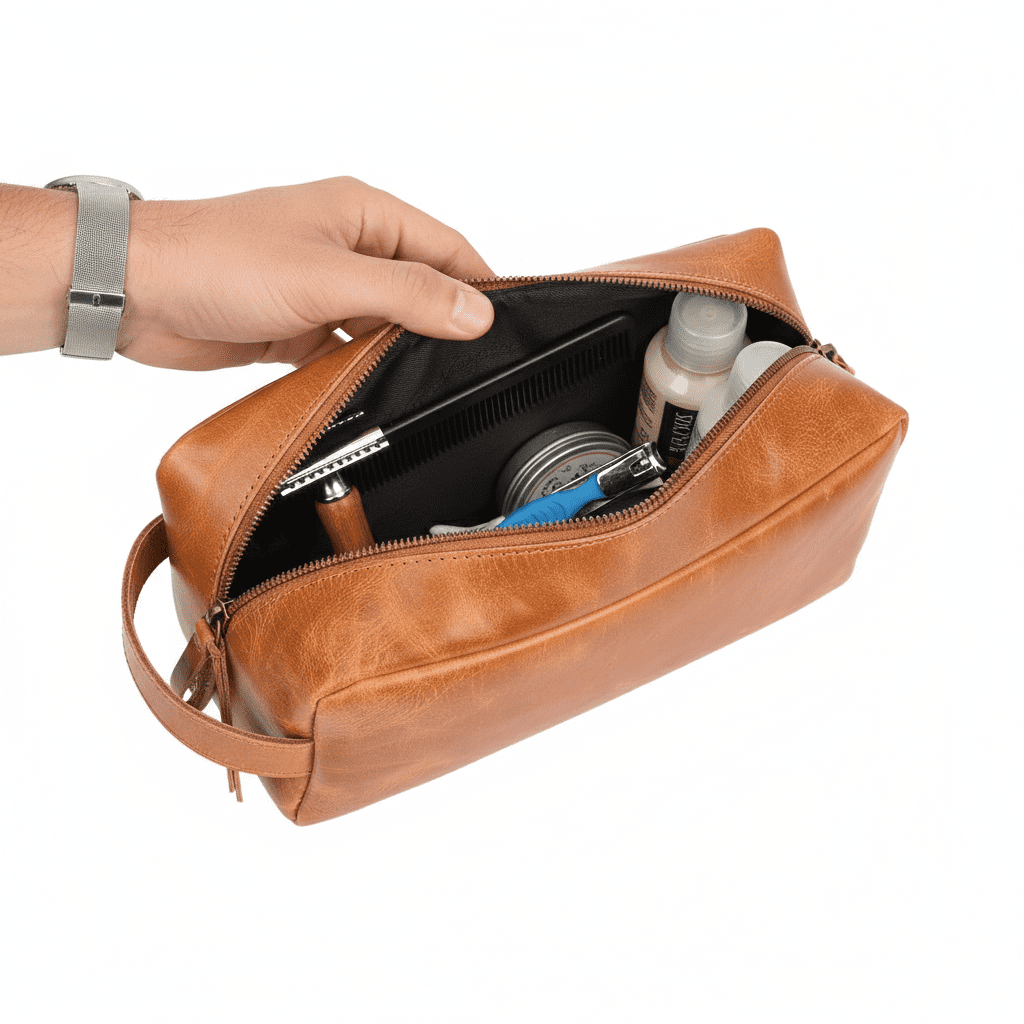 RusticVintage Genuine Leather Toiletry Bag, Cosmetic Case, Classy Dopp Kit For Man Shaving Kit Organizer Travel Kit Pouch Bridesmaid Gifts Hanging Toiletry Case, Makeup Bag - Large Size (Tan)