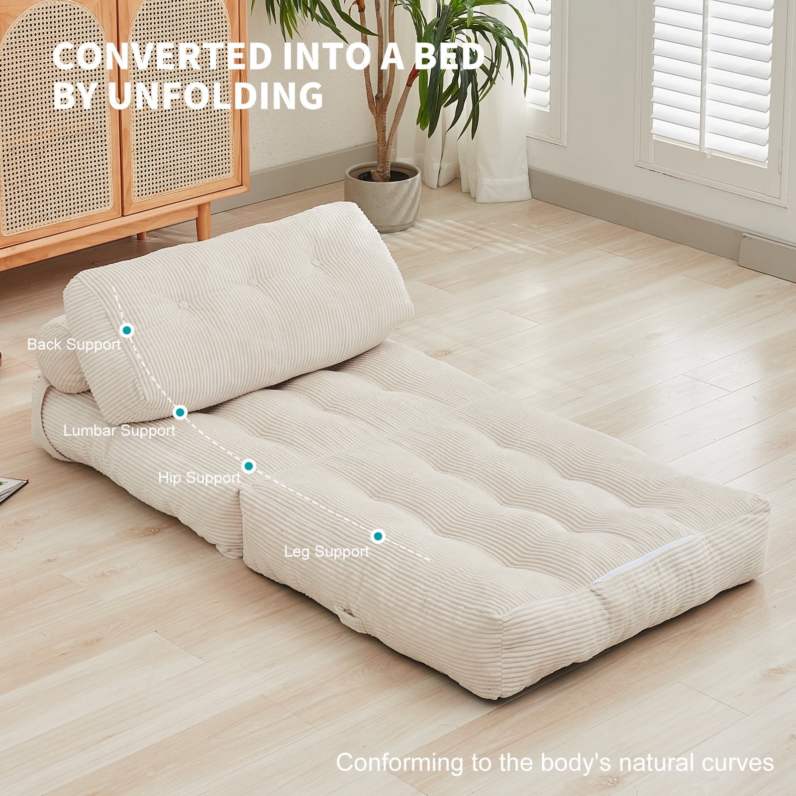 BALUS Folding Sofa Bed, Convertible Couch Sleeper,Fold Out Couch Bed,Floor Couch with Foam for Living Room/Bedroom, 32"W Beige