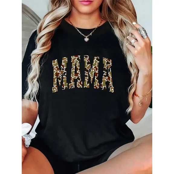 Women's Camo Mama Graphic T-Shirt Casual Short Sleeve Crewneck Tee