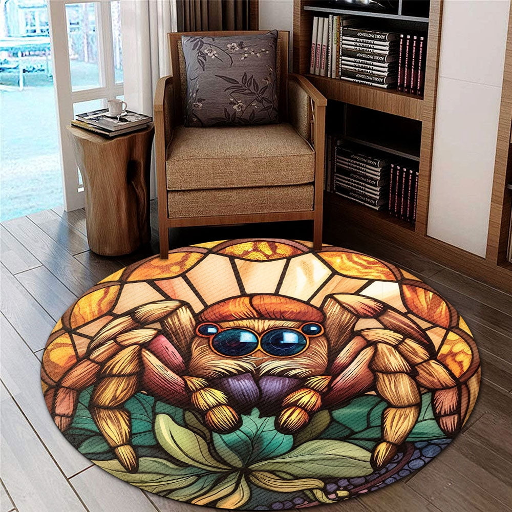Round Area Rug, Jumping Spider Non-Slip Floor Mat, Soft Washable Carpet for Living Room Bedroom Decor 24 Inch
