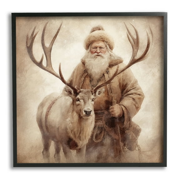 Stupell Industries Traditional Santa & Reindeer Holiday Painting Black Framed Art Print Wall Art, 12 x 12