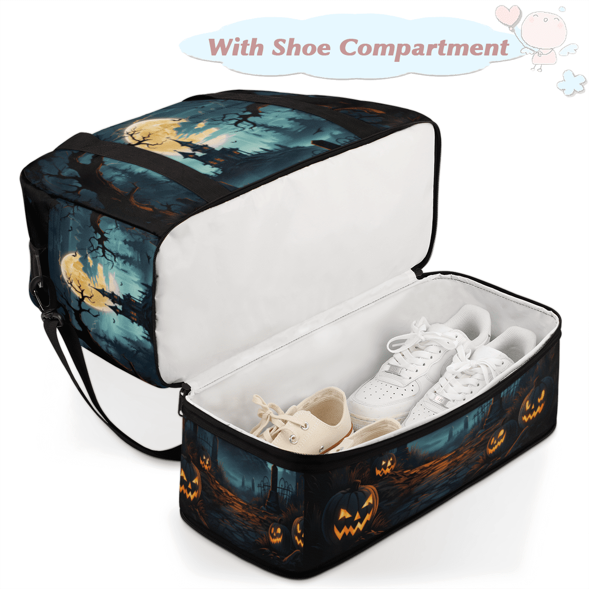 Herdesigns Halloween Foldable Travel Duffle Bag for Women and Men Lightweight Carry On Overnight Bag Halloween Castle Gym Luggage Weekender Bags with Shoe Compartment