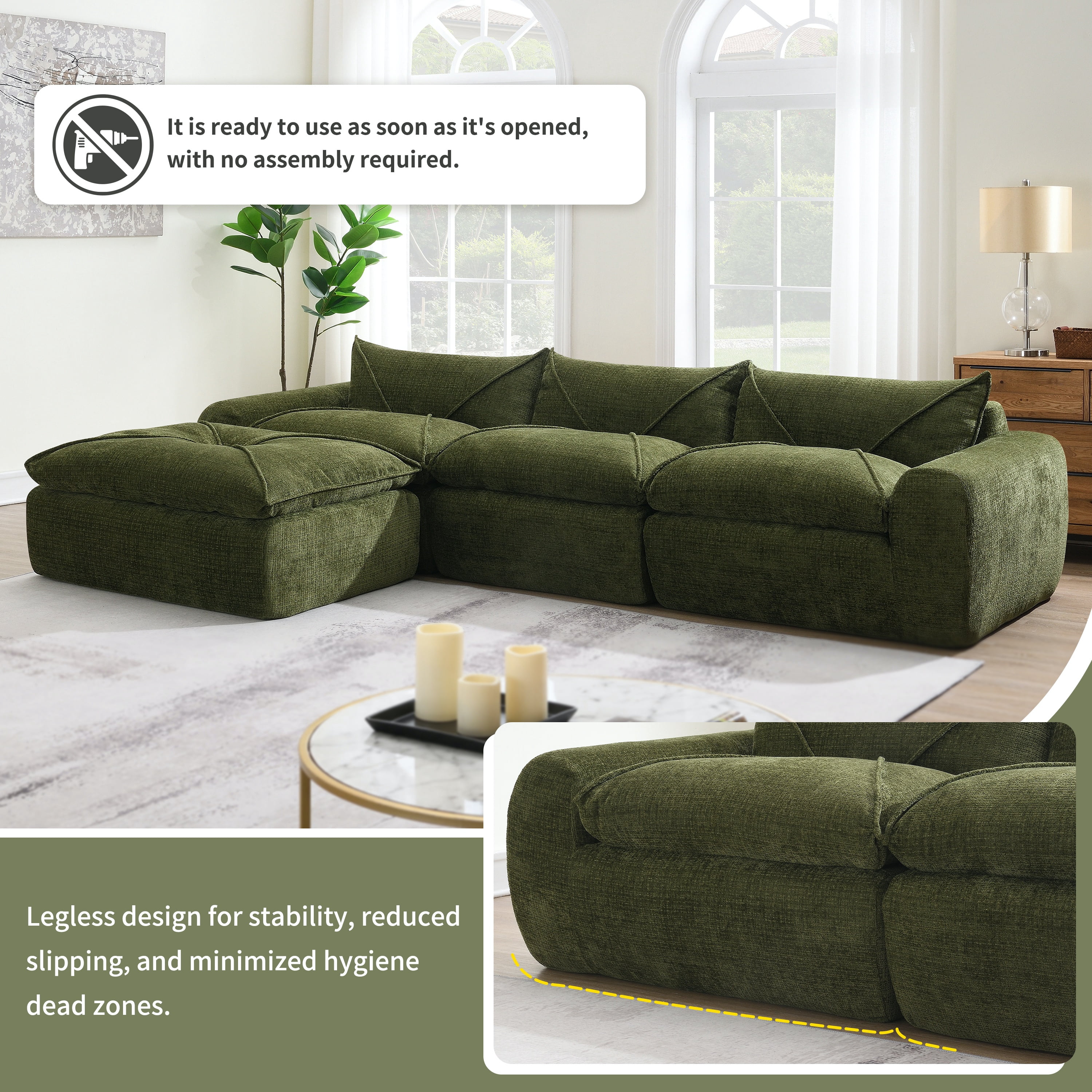 EPOWP 116'' Modular Sectional Couch, Chenille Boneless Cloud Couches, Fully Compressed Sofa with High Density Foam, Convertible L Shaped Sectional Sofa for Living Room, No Assembly(Green)