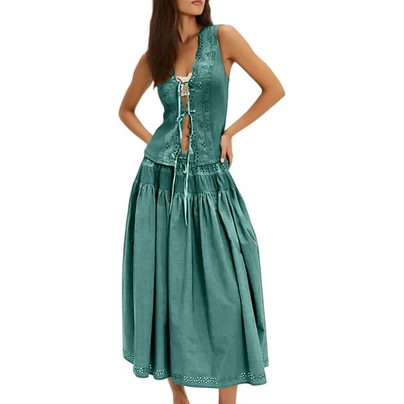 SRZYMJ Women Long Skirt 2 Pieces Set Hollow Out Eyelet Lace Tie Front Vest and Skirt 2PCS Outfits Vintage Solid Color Set