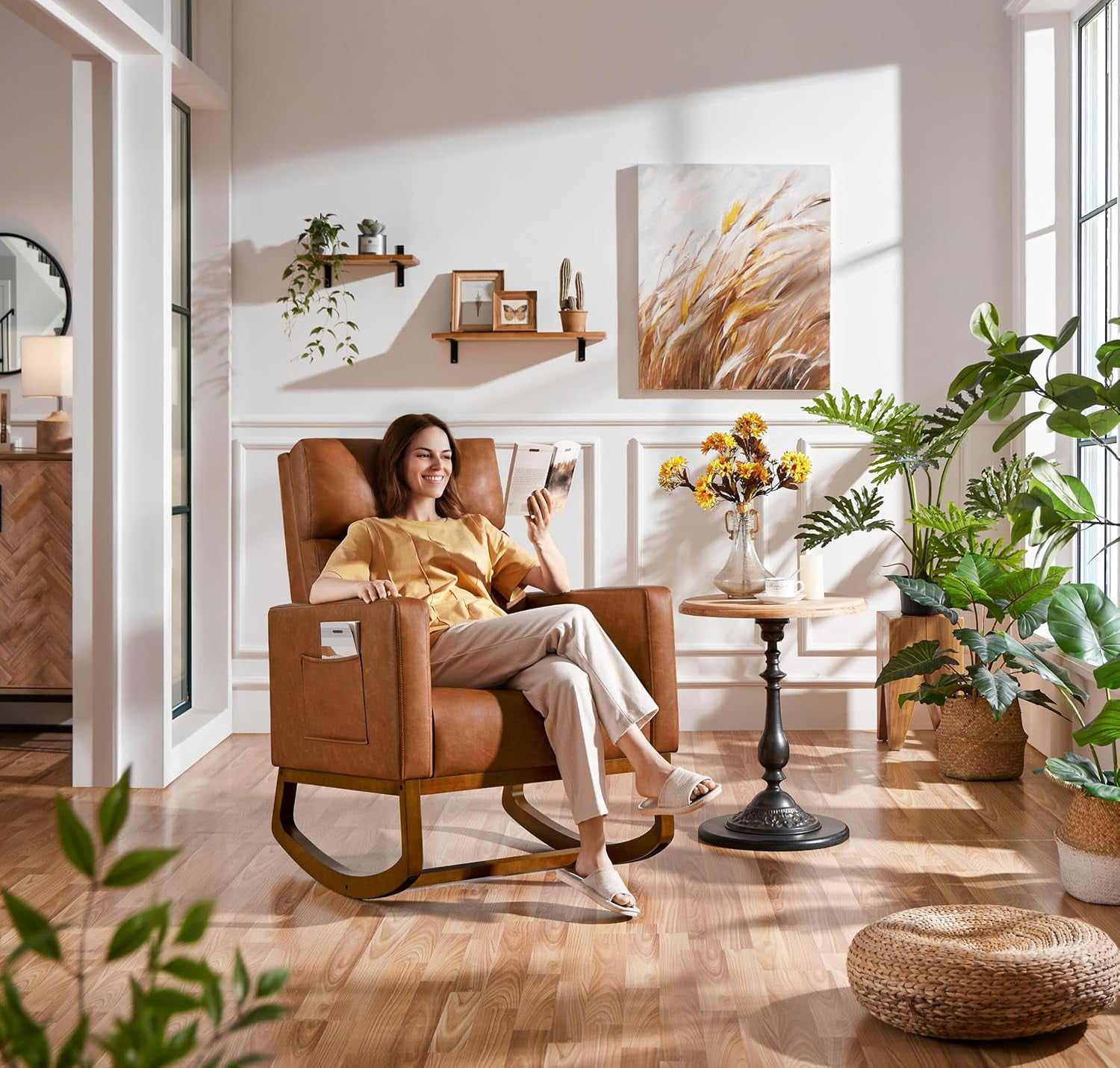 Leather Glider Chair, Modern Rocking Chair, Nursery Faux Leather Glider Chair with Rubber Wood Legs and Side Pocket, Rocking Accent Armchair for Living Room, Bedroom, Brown