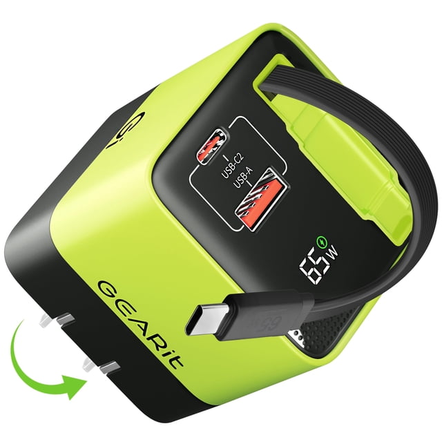 Cargador GEARit 65W GaN USB-C con Cable Retráctil Plegable