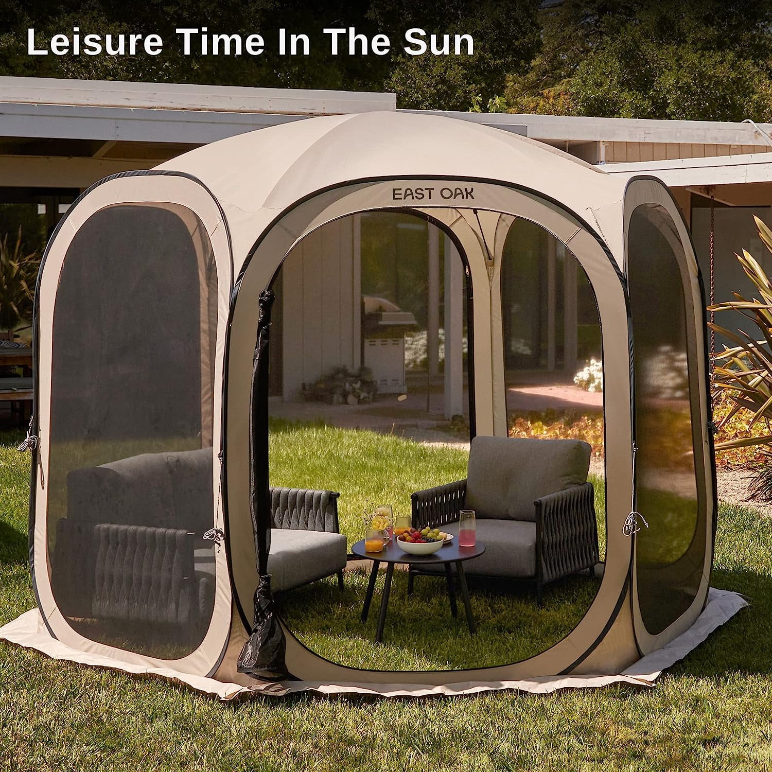 East Oak 6-Person 10' x 10' Instant Pop-Up Screen House with Mosquito Netting and Carry Bag, Brown
