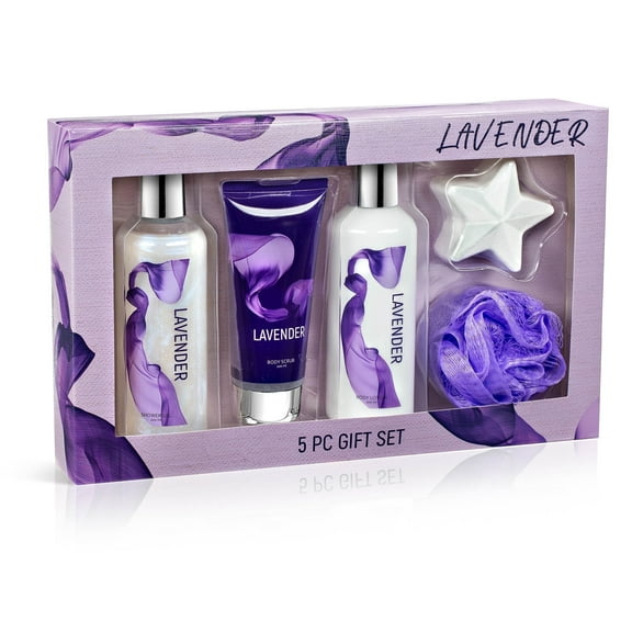 Lavender Bath and Body Gift Set for Women – 5pc Relaxing Aromatherapy Spa Basket with Shower Gel, Body Lotion, Scrub, Fizzer & Sponge – Lavender Scented Gift Set for Her