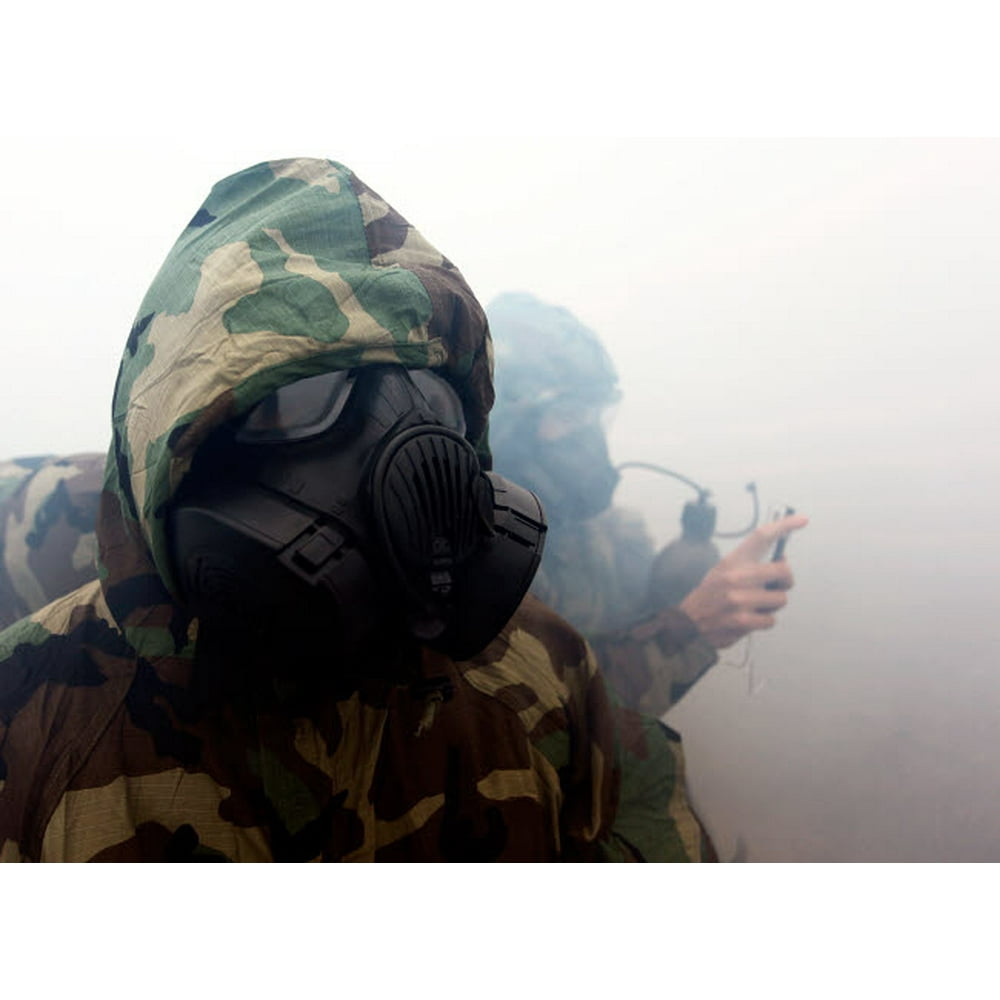 A Marine wearing a gas mask during during chemical warfare training