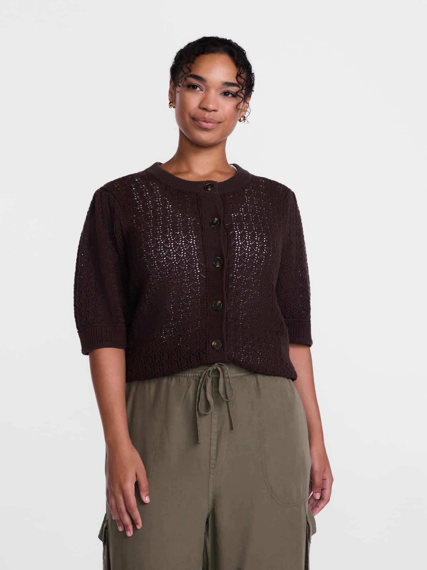 Scenario Women's and Women's Plus Crewneck Cardigan with Short Sleeves, Lightweight, Sizes XS-4X