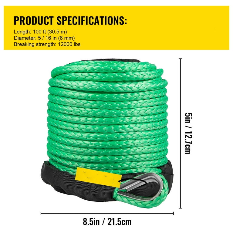 Bentism Green Synthetic Winch Line 5/16 inch X100Ft Synthetic Winch Rope 12000 lbs Tow Rope for Car with Sheath (100ft), Size: 100