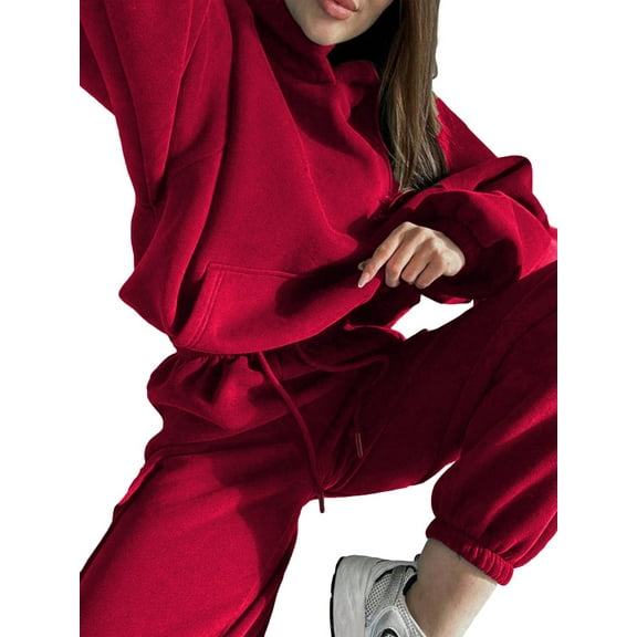 Womens 2 Piece Lounge Hoodies and Cargo Pants Sets Fall Fashion Clothes Airport Travel Pants Tracksuits Red S