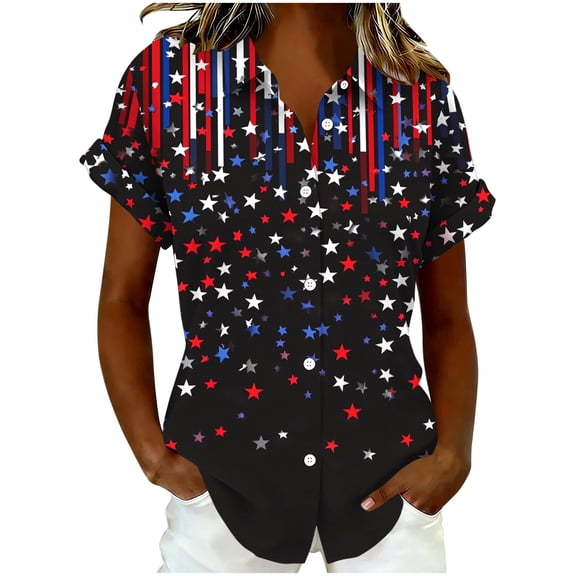 Kezqiaxn 4Th Of July Blouses for Women Dressy Casual Fashion Short Sleeve Collared Loose Button Down Shirt Womens Summer Tops
