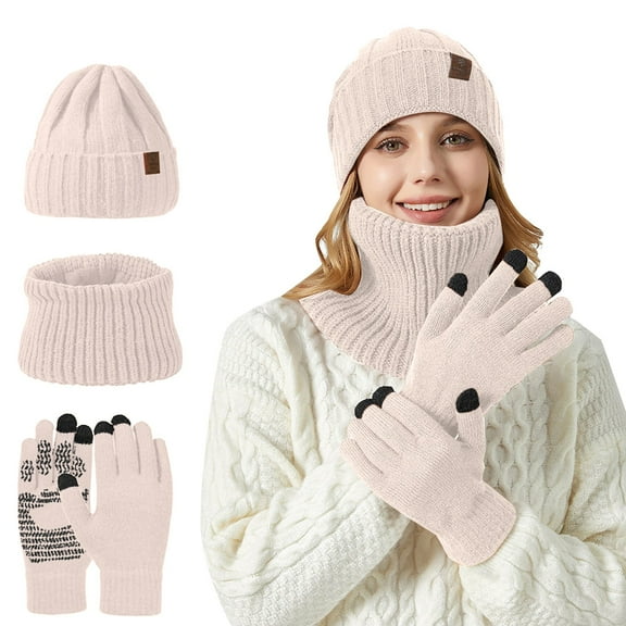 3 Pieces Winter Hats for Women Scarf Gloves Set Christmas Gift for Her Pink One Size