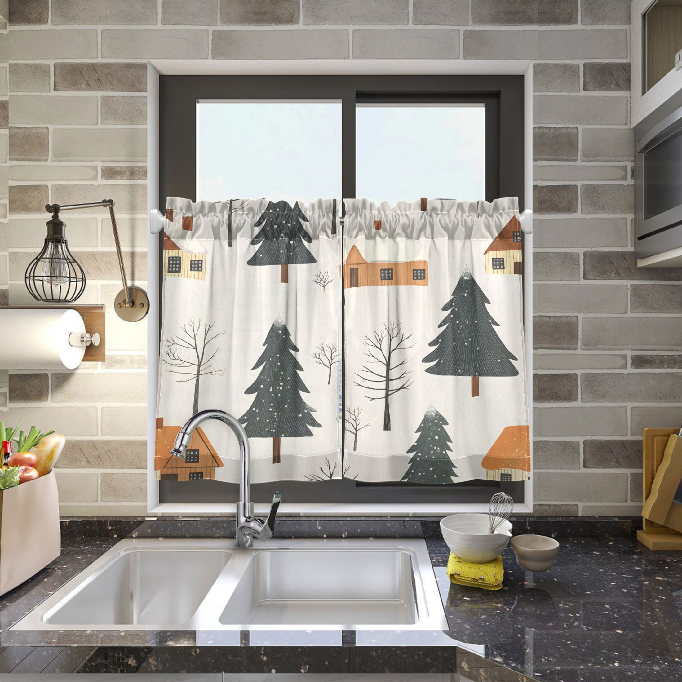 Winter Landscape 27"x36" Linen Look Cafe Curtain Set with Privacy and UV Protection