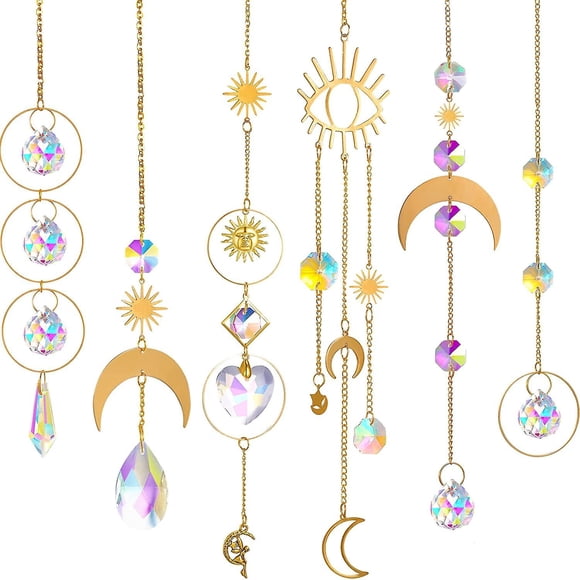 6 Pcs Colorful Crystal Suncatcher Hanging Sun Catcher Window Suncatcher with Moon Chain Pendant Ornament Crystal Hanging Decoration Garden Suncatcher