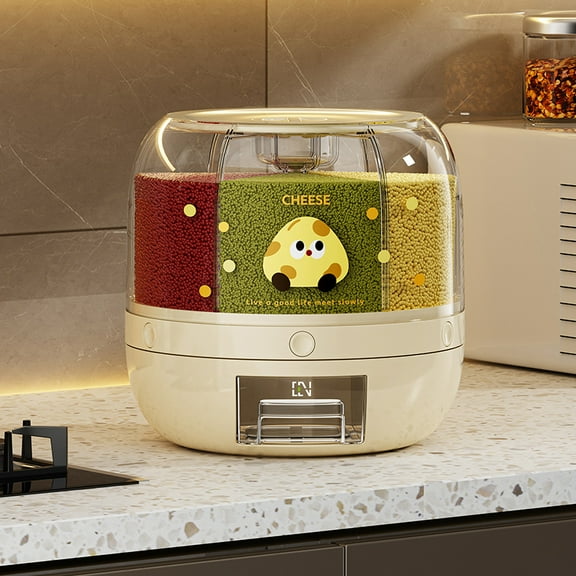 22Lbs Rotating Rice Dispenser with 6 Compartments and Decorative Print, Moisture-Proof One-Touch Storage Container for Rice, Beans & Pet Food
