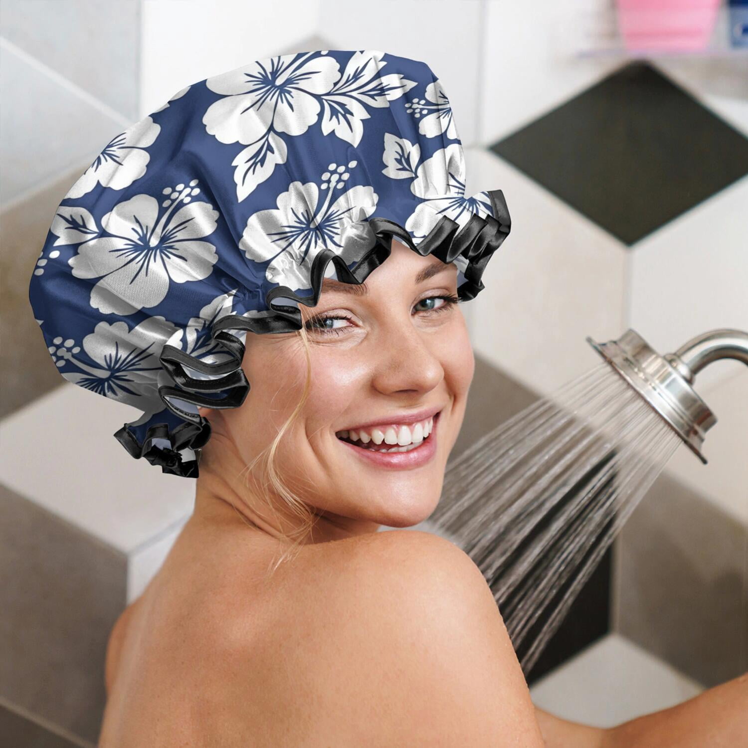Shower Caps,Pioneer Flower Floral Print Pattern Waterproof Shower Cap for Women 4 Pieces,Double Reusable Hair Cover for Shower PEVA Elastic Stretch Hem