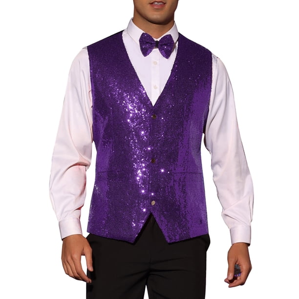 Chaleco sin mangas brillante de lentejuelas INSPIRE CHIC para hombre, corte slim fit, cuello en V, fiesta disco, lazo morado