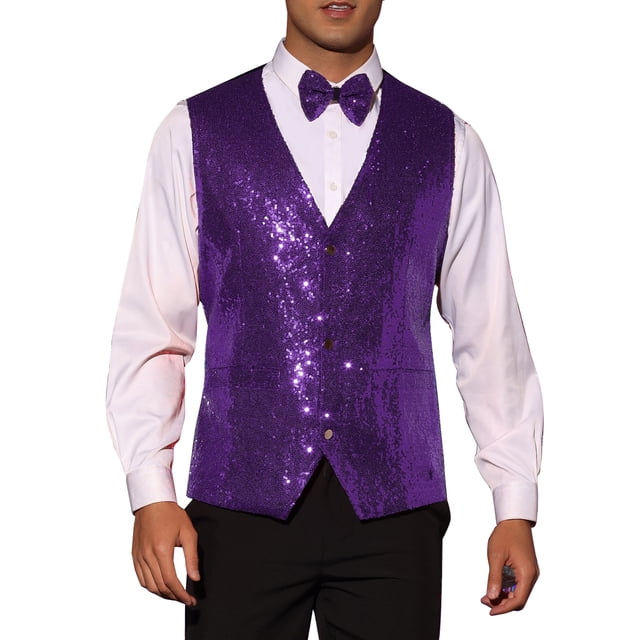 Chaleco sin mangas brillante de lentejuelas INSPIRE CHIC para hombres, corte ajustado en V, fiesta disco, con pajarita, color morado